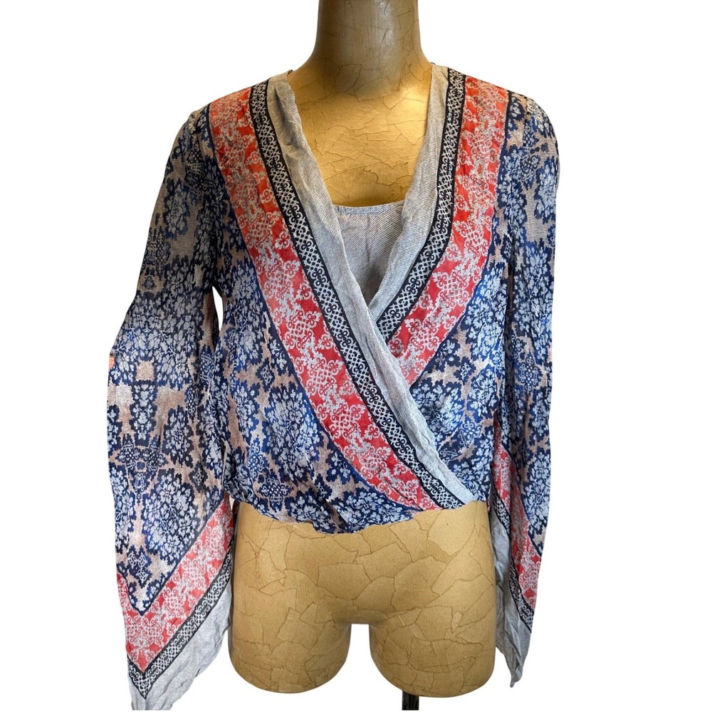 BCBGMAXAZRIA Silk Faux Wrap Top Blue Red Paisley Medallion Bell Sleeve XS
